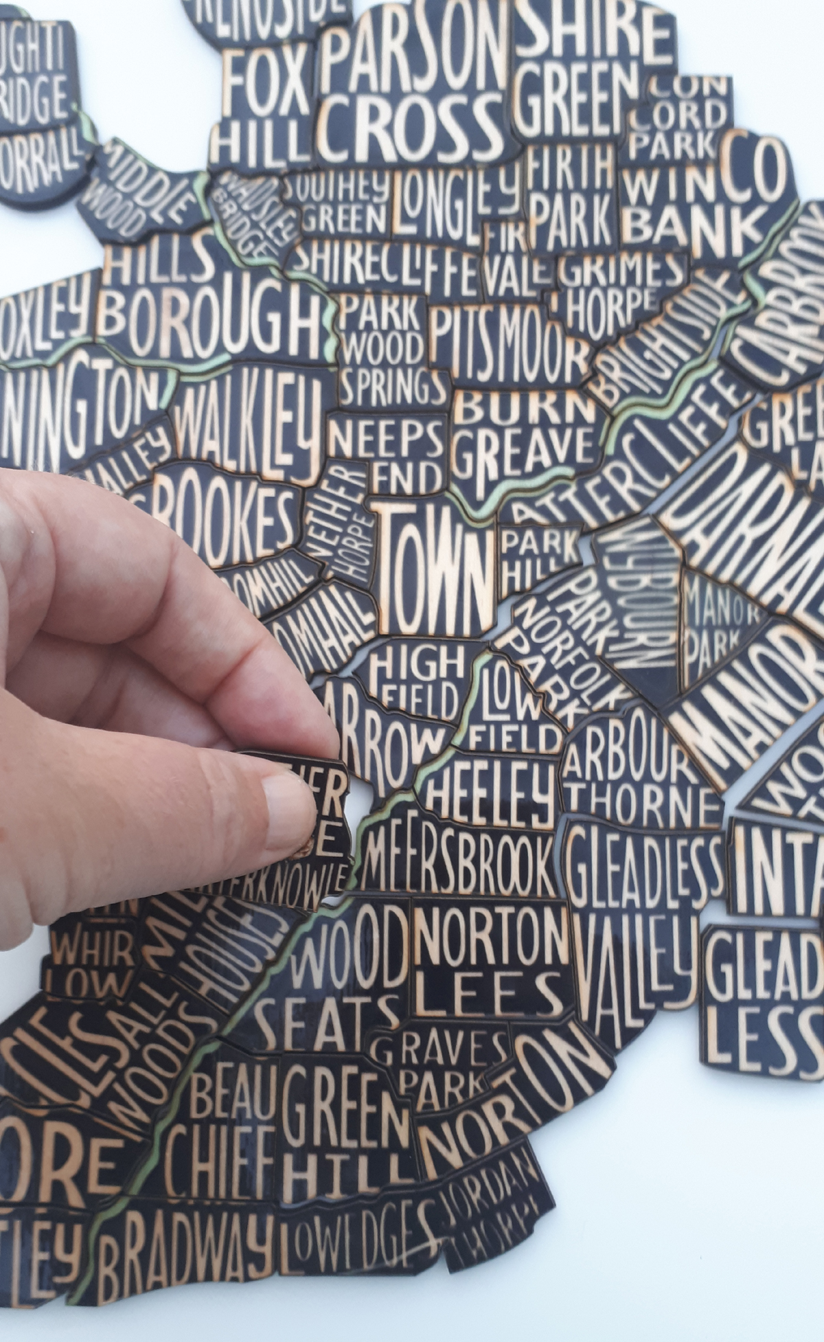 Word map of Sheffield by Paul Vinton turned into a Wooden jigsaw gift